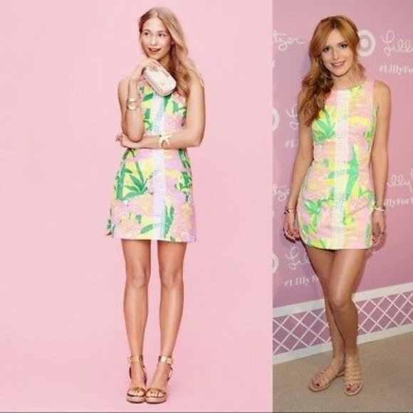 Lilly Pulitzer Colorful Shift Dress Floral Hawaii Flowers Flamingo Fan Dance Top - Picture 1 of 13